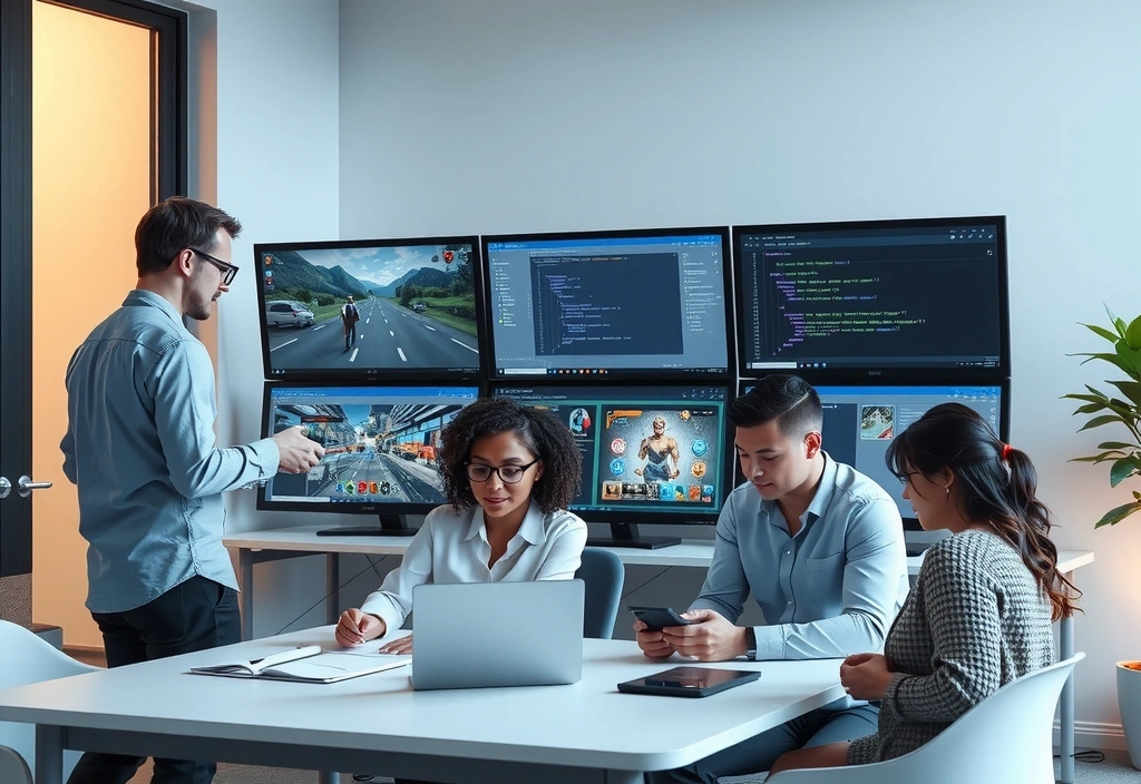 Equipo de desarrollo creando juego personalizado para empresa